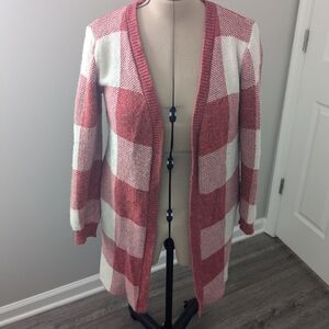 Monteau Red and White Checkered Cardigan Sweater